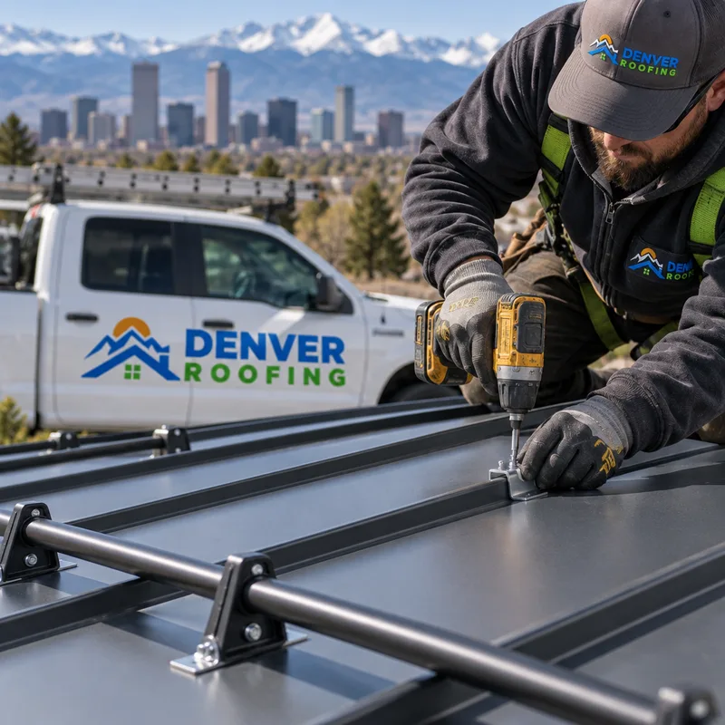 Standing seam metal roof panel with concealed fastener clips, clean seams, and a snow guard
