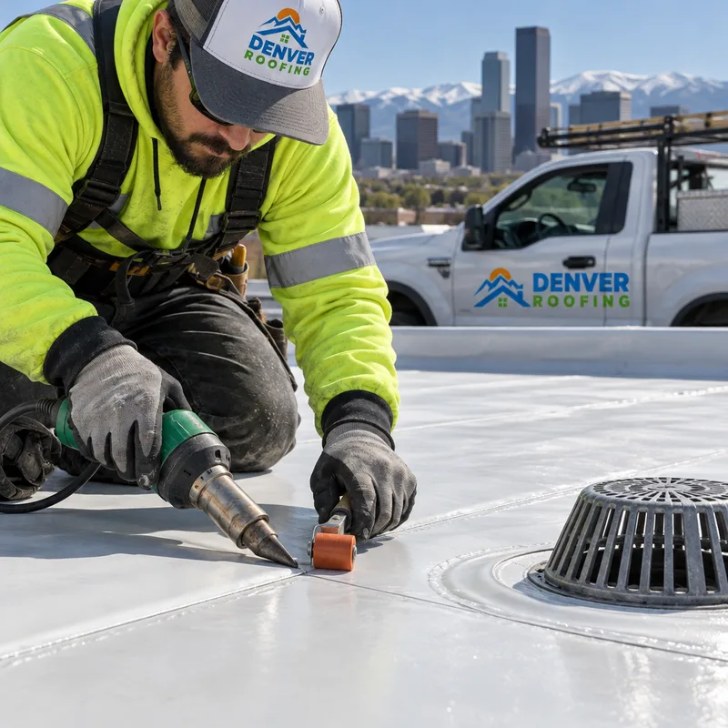 Low-slope TPO roof membrane with heat-welded seams and a visible roof drain area