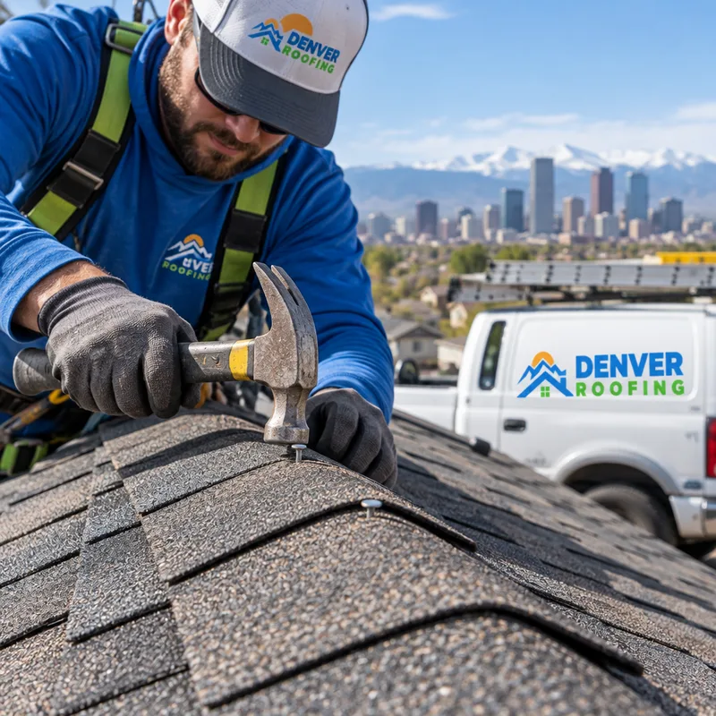 Asphalt shingle courses with properly placed nails, aligned exposure, and ridge cap detail