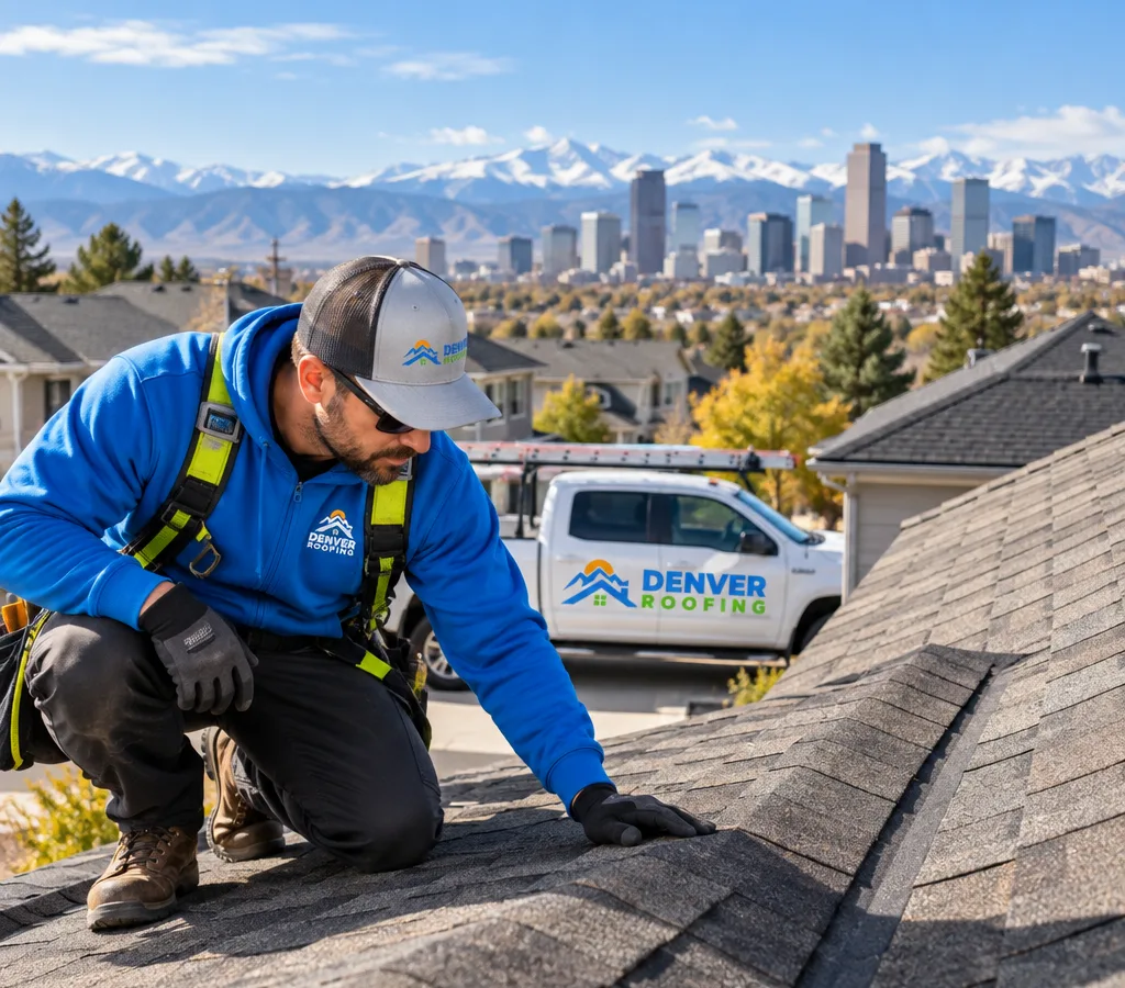 Contractor inspecting an asphalt shingle roof on a Denver home with the Front Range in the background