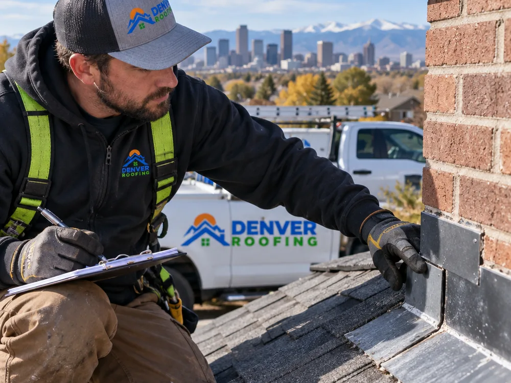 Contractor examining step flashing and counterflashing around a chimney with a notepad