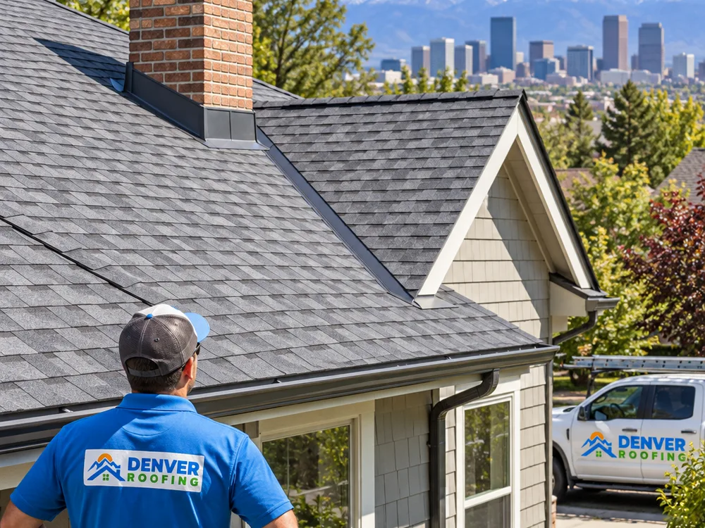 Finished residential roof with new chimney and valley flashing, clean gutters, and an even shingle pattern