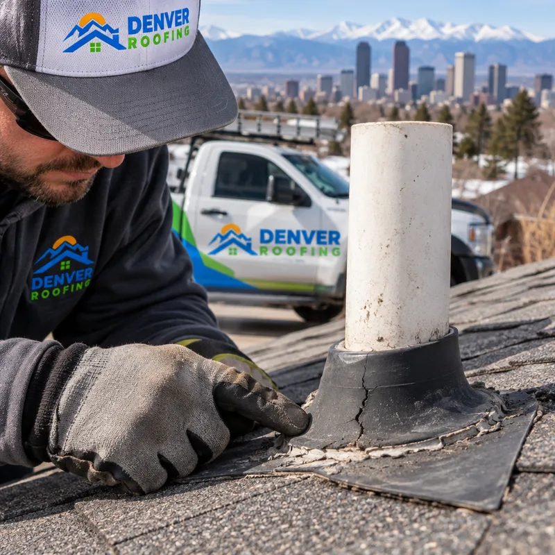 Roof pipe boot and surrounding shingles showing cracked rubber and sealant wear