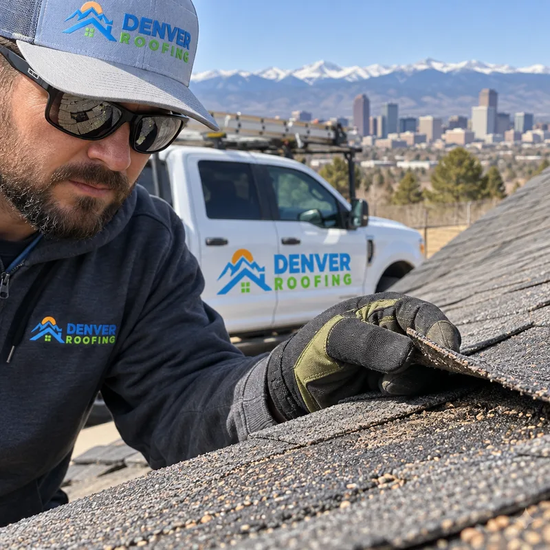 Damaged shingles with granule loss and a lifted tab after wind exposure