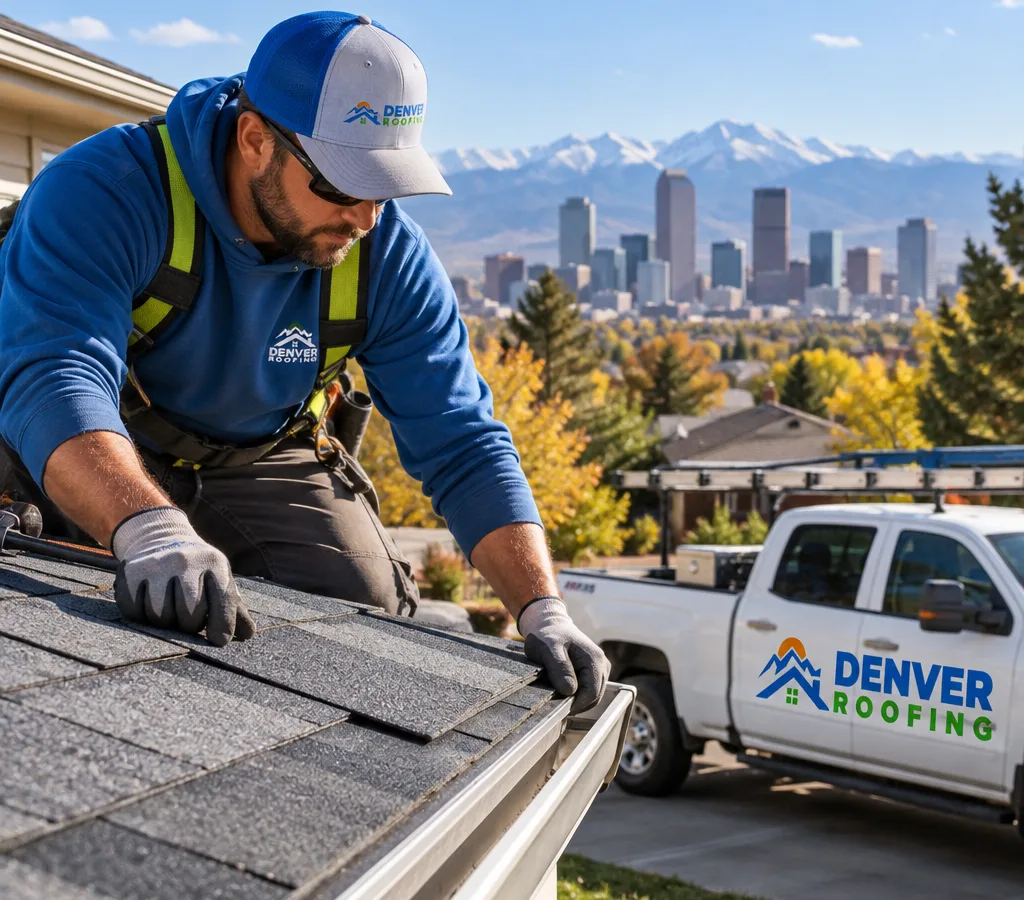 Roofer placing asphalt shingles and checking alignment on a Denver-area home
