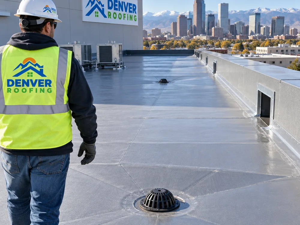 Low-slope commercial roof with drains and tapered insulation leading to scuppers