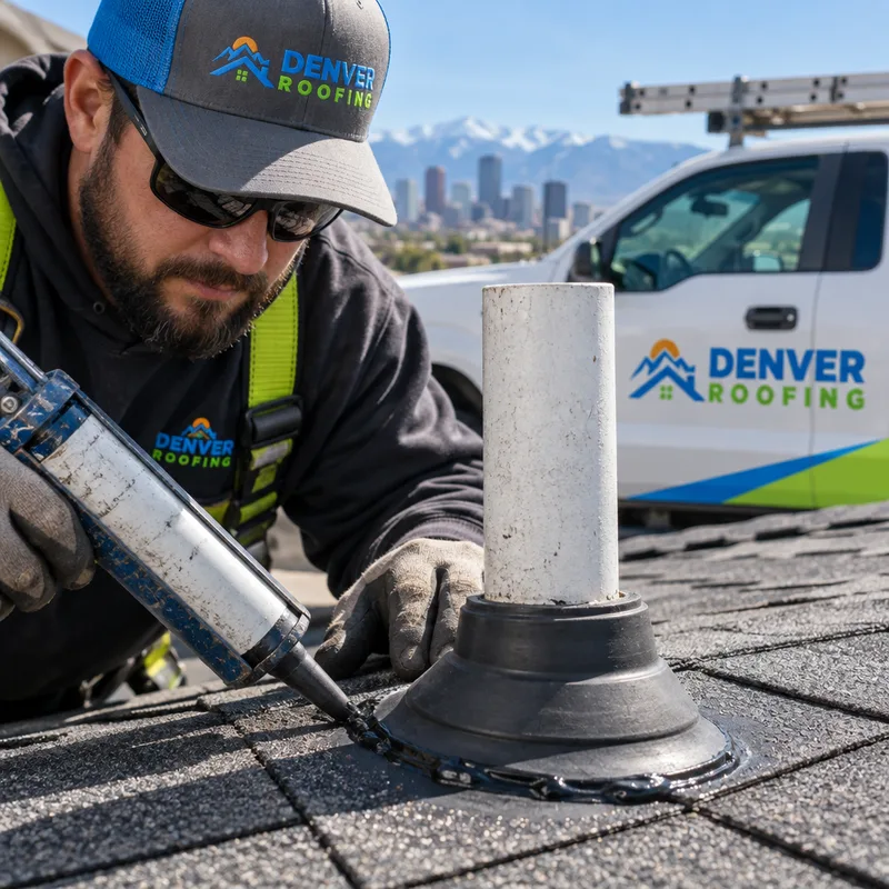 Roof penetration detail showing a pipe boot and surrounding sealant condition