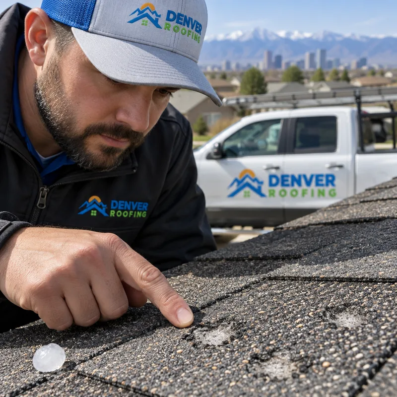 Hail impact marks on asphalt shingles with visible granule loss