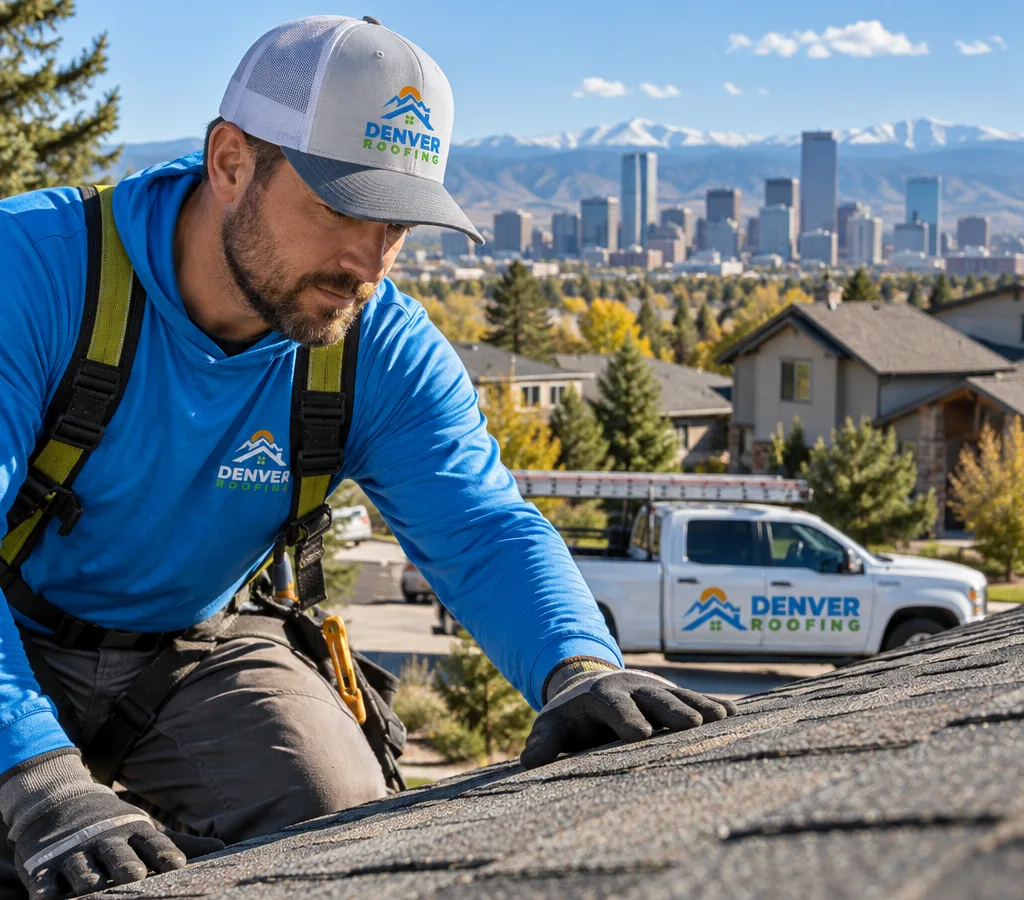 Residential roofer inspecting an asphalt shingle roof with Denver-style housing in the background