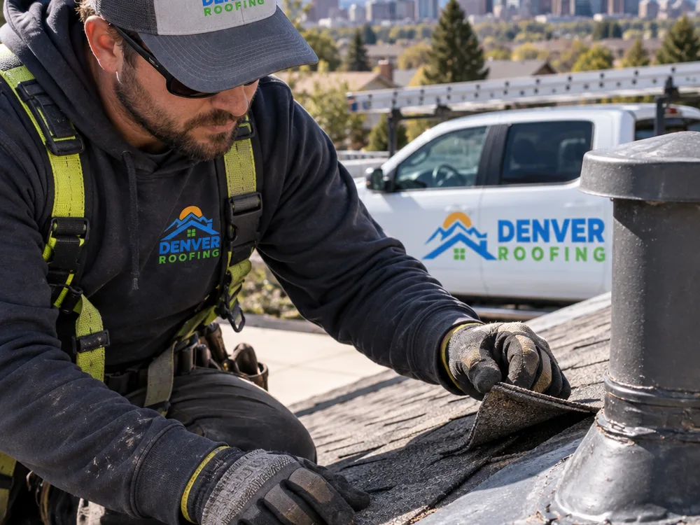 Roofer examining flashing around a roof vent and checking lifted shingles and sealant