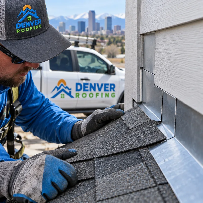 Correctly installed step flashing along a sidewall with properly layered shingles and visible counterflashing