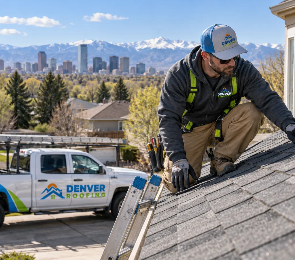 Contractor inspecting an asphalt shingle roof on a Denver-area home with a safely positioned ladder and tools visible