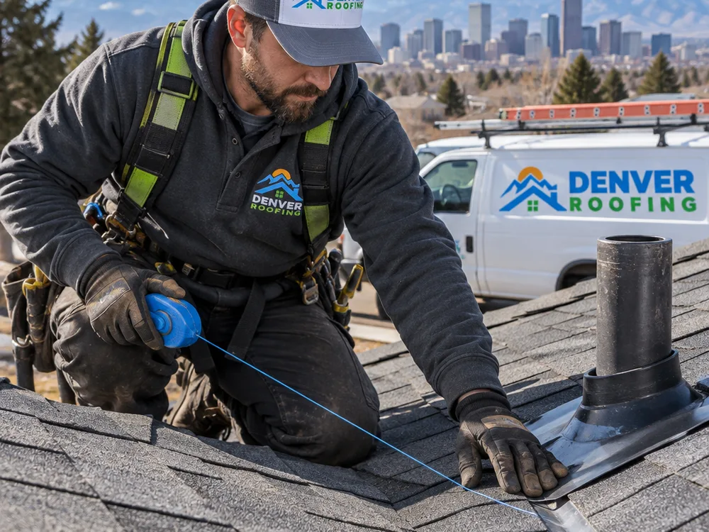Contractor using a chalk line and checking shingle alignment near a roof valley and vent penetration