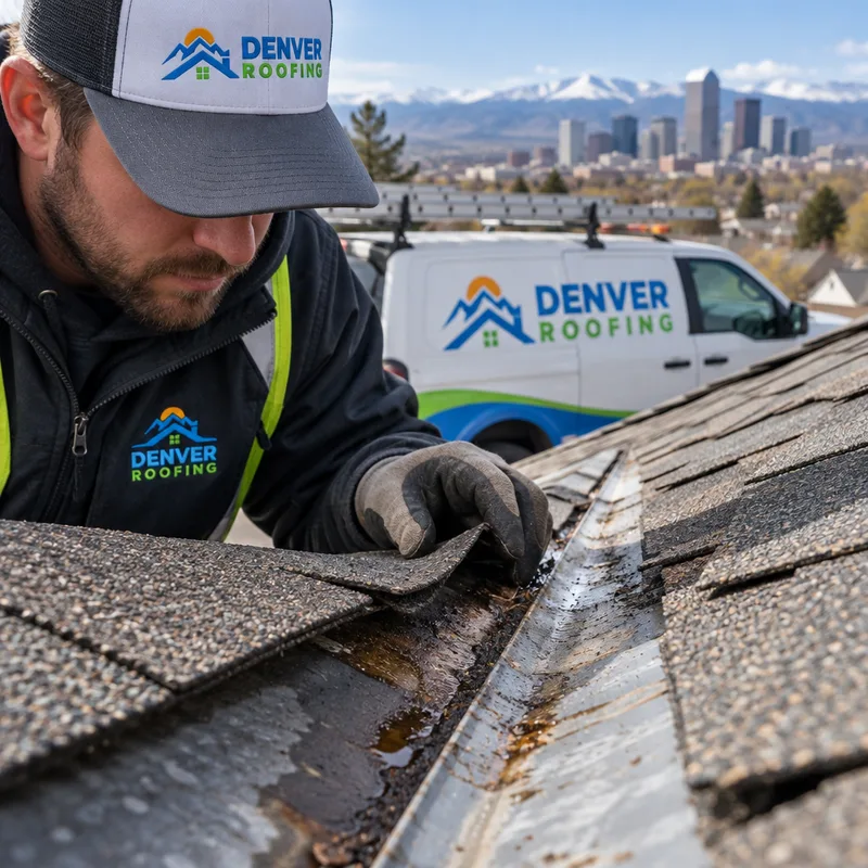 Worn roof valley metal with lifted shingle edges and visible water staining