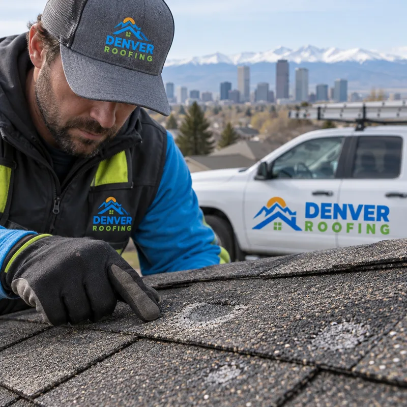 Damaged asphalt shingles with hail bruising and granule loss