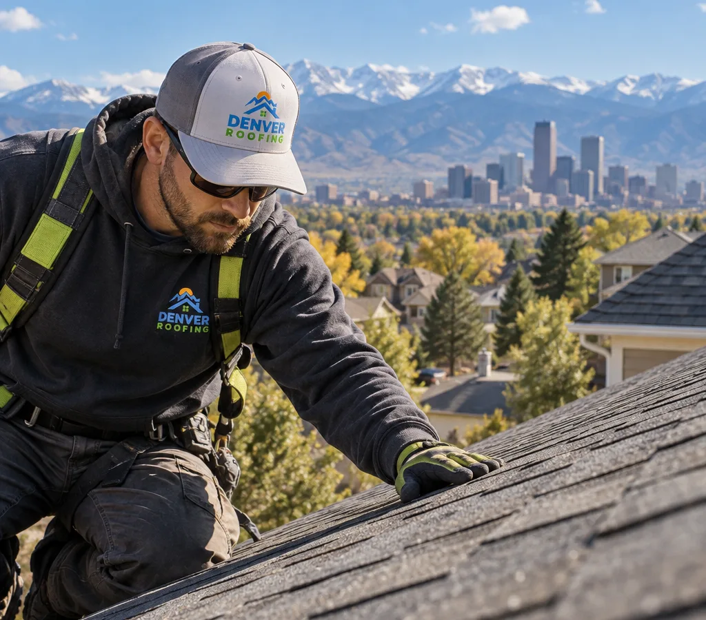 Roofer inspecting the asphalt-shingle roof of a Denver-area home on a clear day