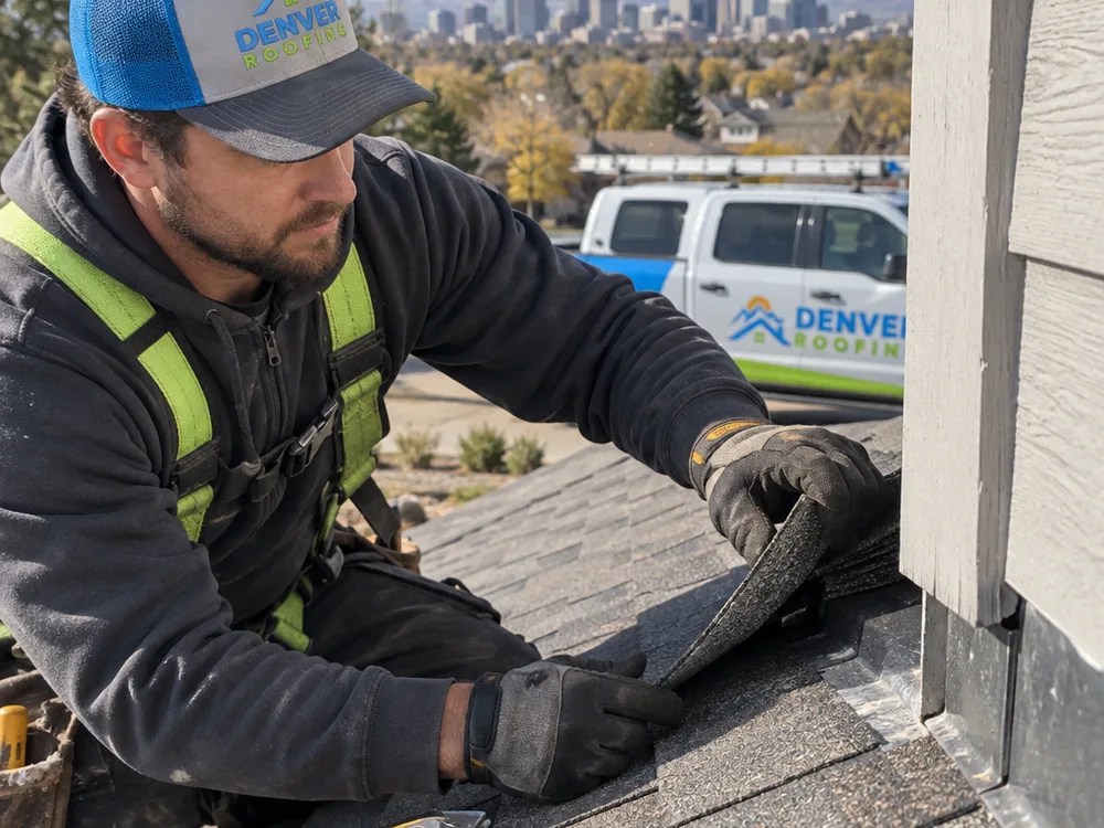 Contractor lifting shingles to inspect step flashing at a wall intersection