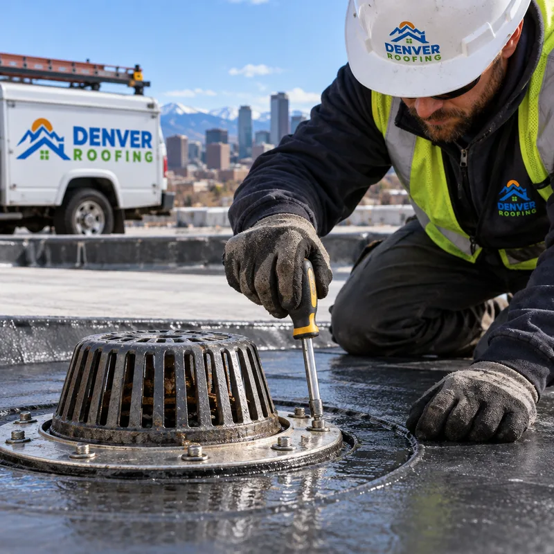 Commercial flat-roof drain with a visible clamping ring, strainer, and surrounding membrane