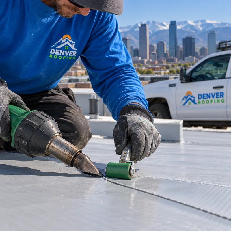 Close-up of a heat-welded single-ply membrane seam and overlap on a low-slope commercial roof
