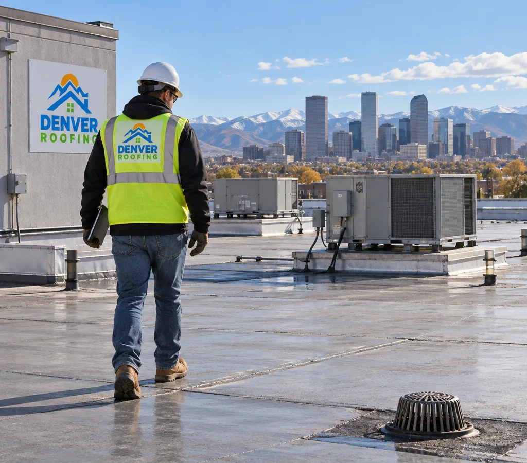 Low-slope commercial roof in Denver with HVAC units, roof drains, and a contractor assessing the roof