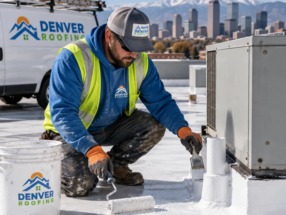 Contractor applying roof coating around penetrations and an HVAC curb with a roller and brush