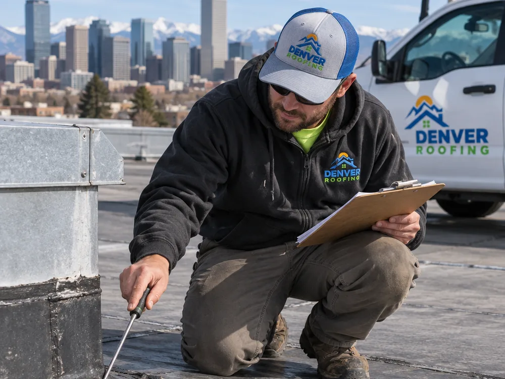 Contractor probing a commercial roof seam and inspecting flashing at a rooftop curb while taking notes