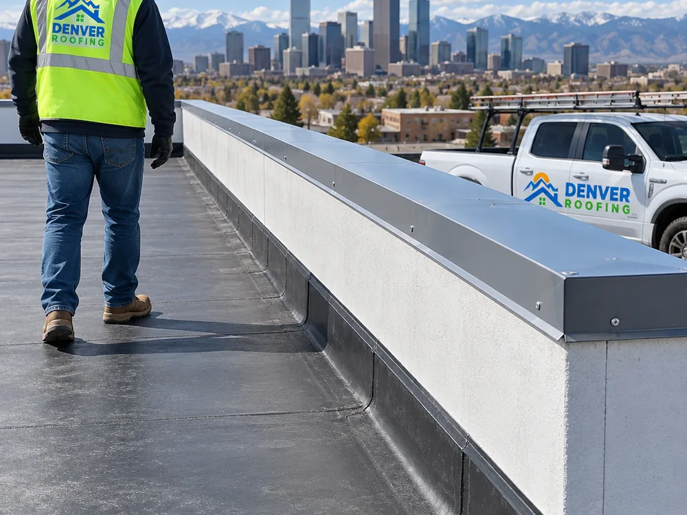 Finished commercial roof with new parapet flashing, edge metal, and clean termination details