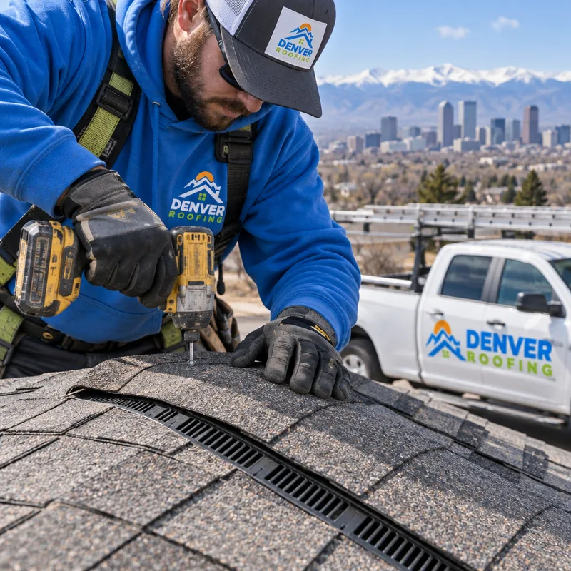 Ridge vent and ridge cap installation showing alignment and fastener placement