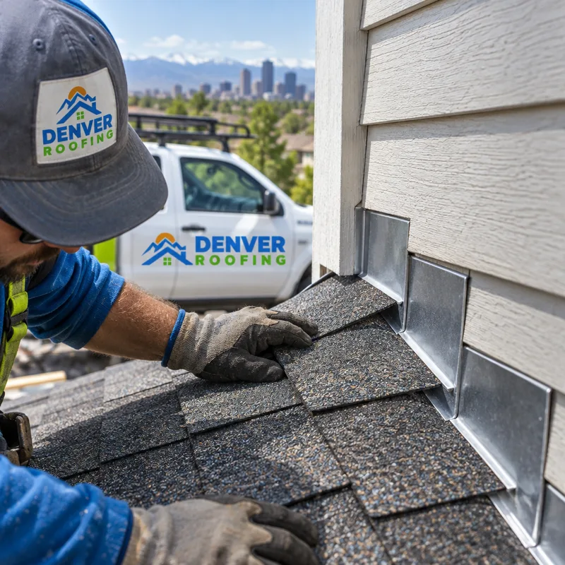 Step flashing along a sidewall with new shingles showing correct overlap
