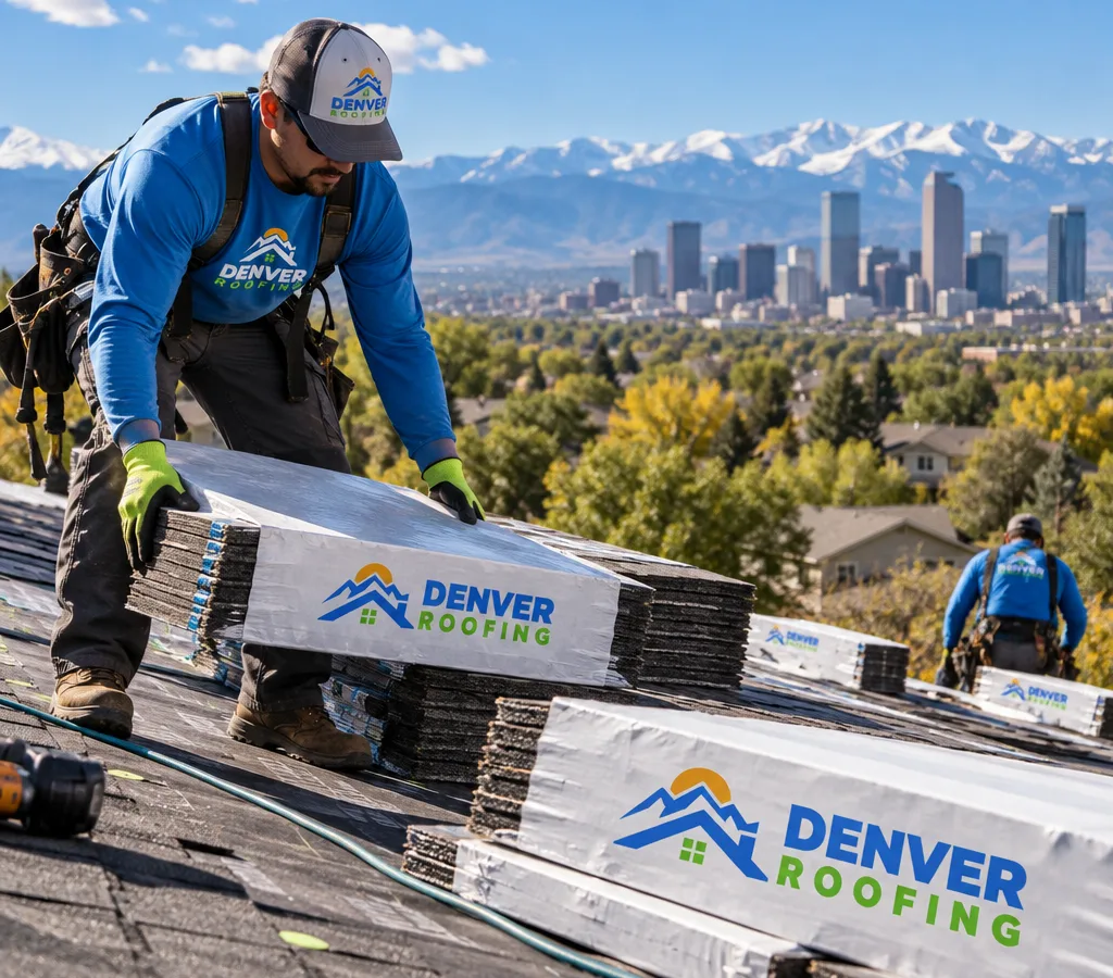 Residential roof in Denver with a contractor staging materials for a full roof replacement