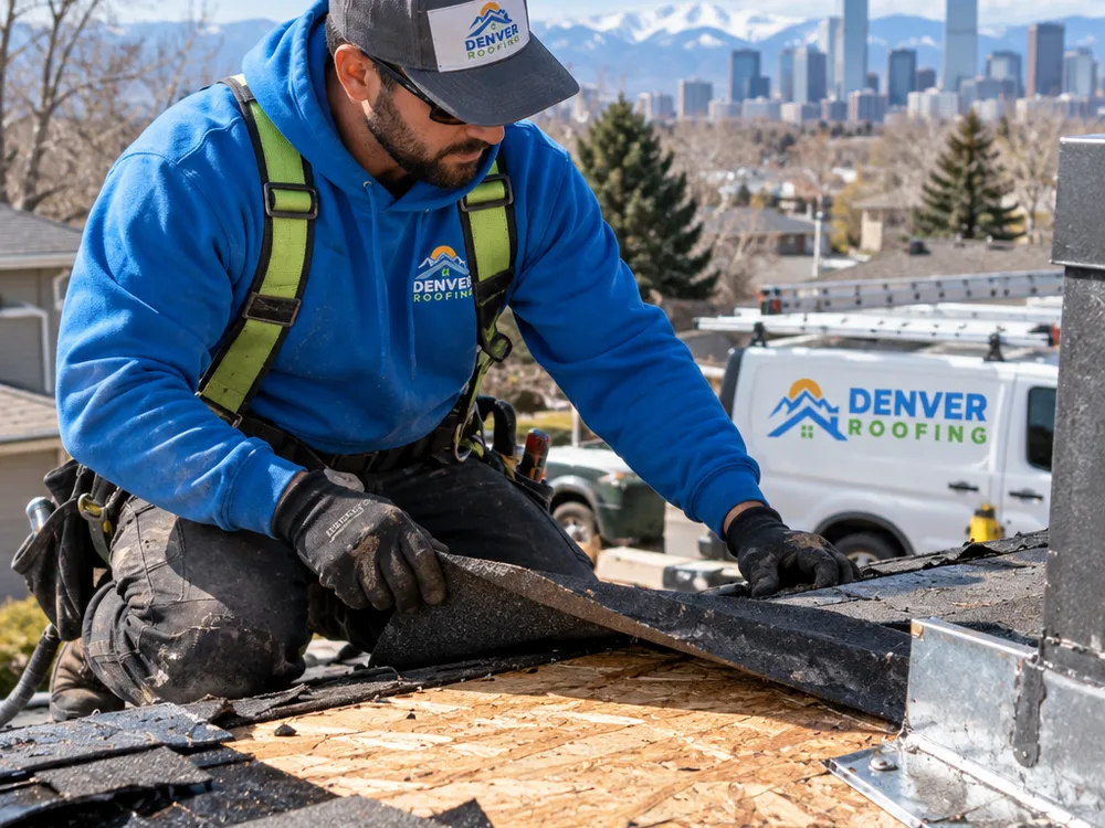 Contractor inspecting exposed roof decking, underlayment, and flashing areas during tear-off