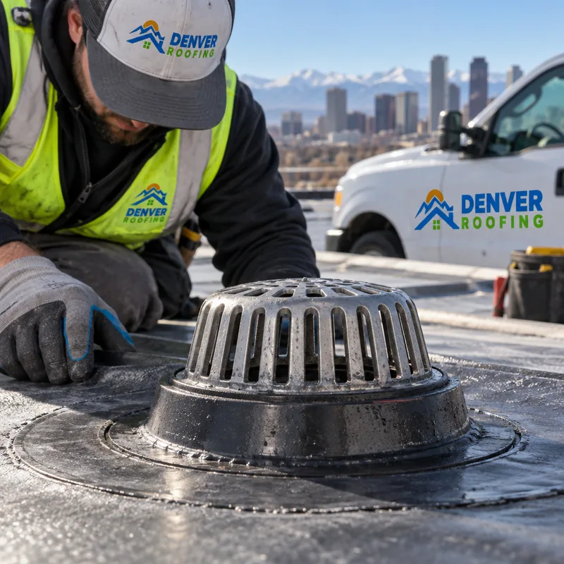 Roof drain bowl and strainer showing the membrane tie-in around the drain flange