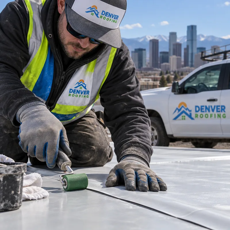 Single-ply membrane field seam being cleaned, checked, and reworked at the overlap