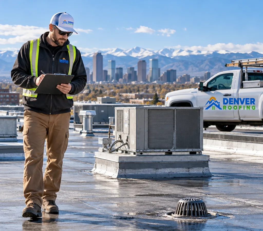 Contractor inspecting a commercial flat roof with HVAC curbs and roof drains under clear daylight
