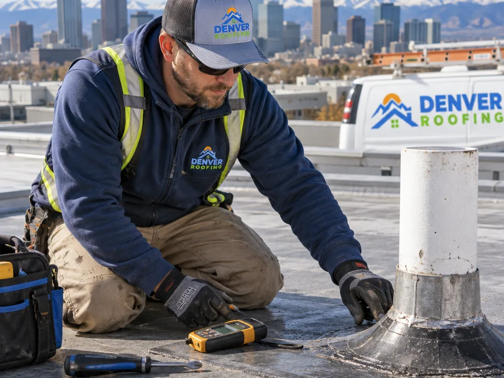 Contractor inspecting flashing at a commercial roof penetration with a moisture meter and hand tools nearby