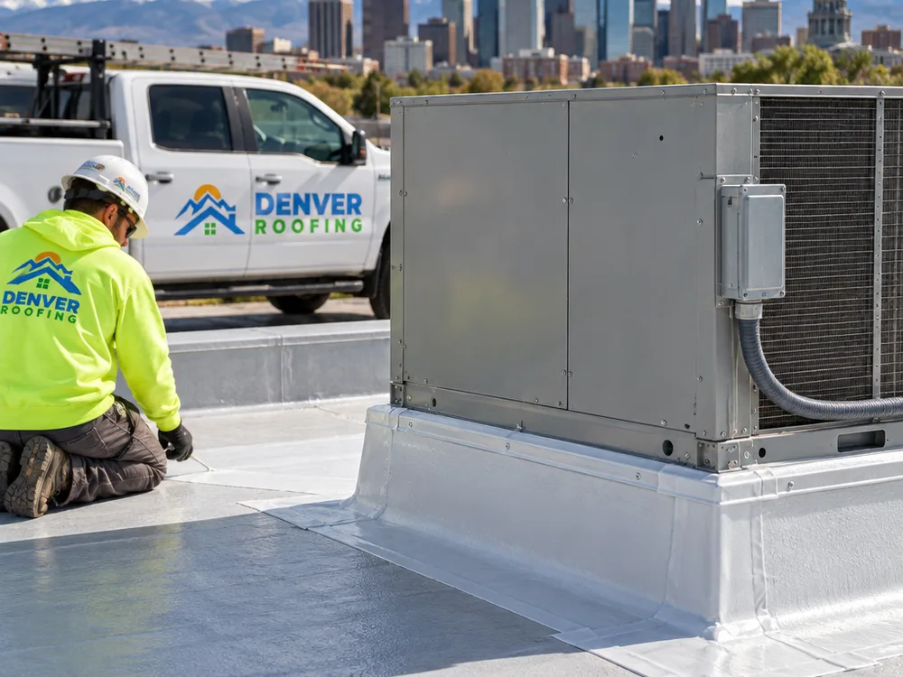 Finished repair around an HVAC curb with continuous flashing and a clean termination detail