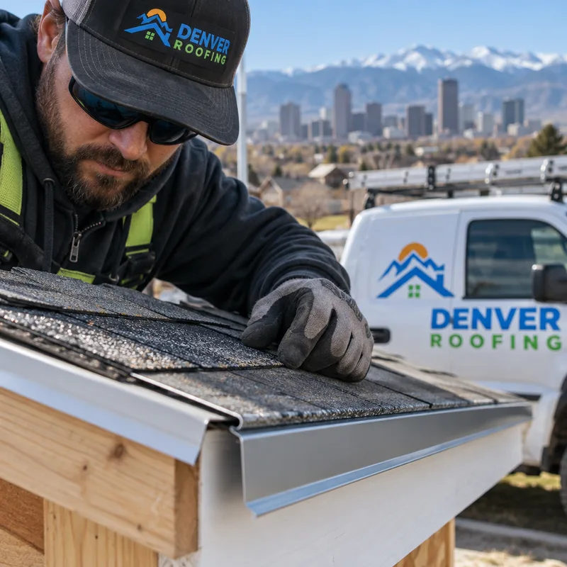 Drip edge and starter course at a roof eave with proper overlap and alignment