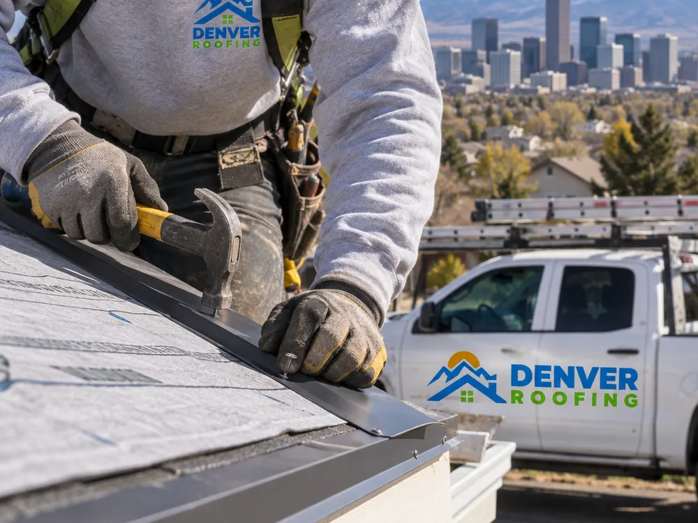 Contractor installing underlayment and drip edge along a roof eave