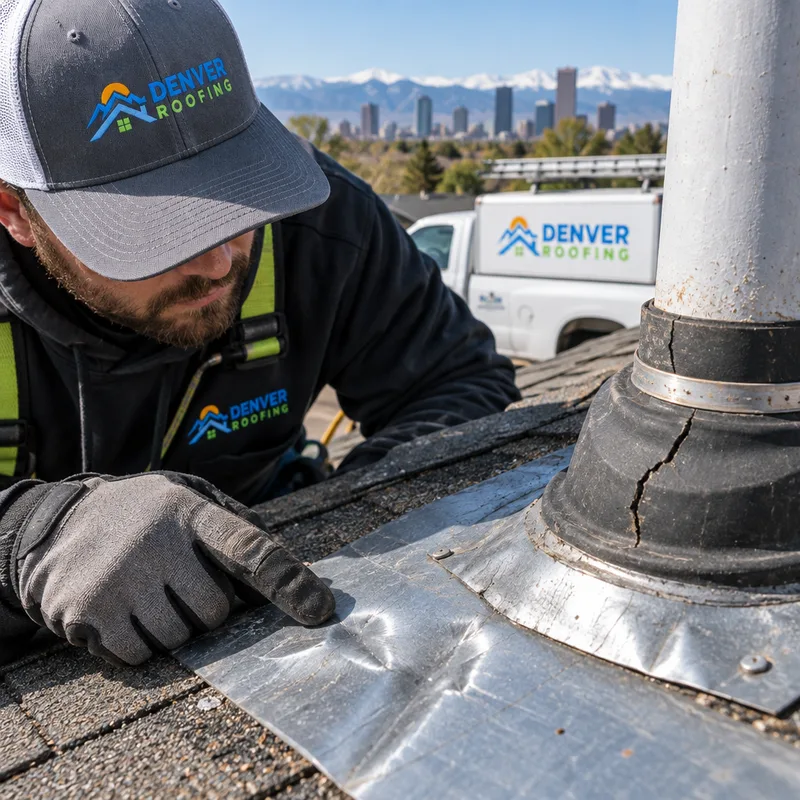 Dented metal roof flashing and a vent pipe boot with a cracked rubber collar