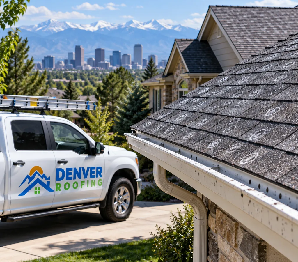 Residential asphalt shingle roof in Denver with visible hail marks on shingles and gutters