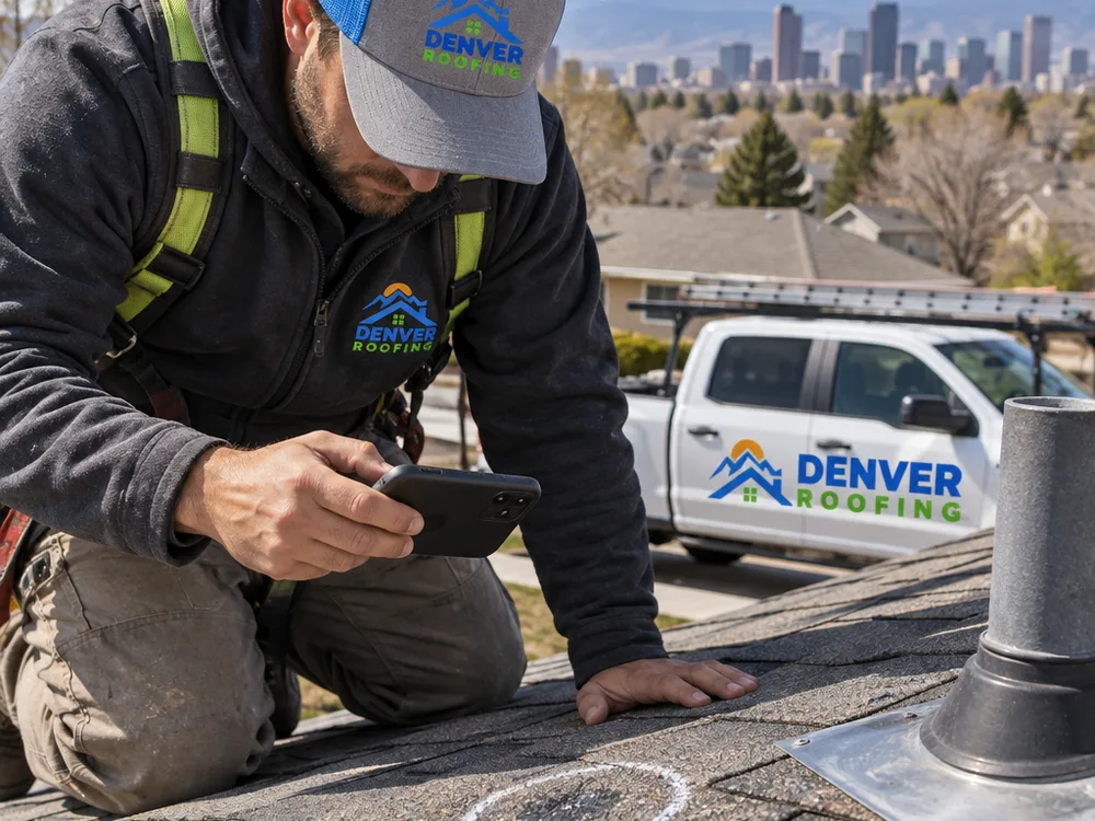 Roofing contractor inspecting and photographing a chalk-marked hail bruise near roof flashing